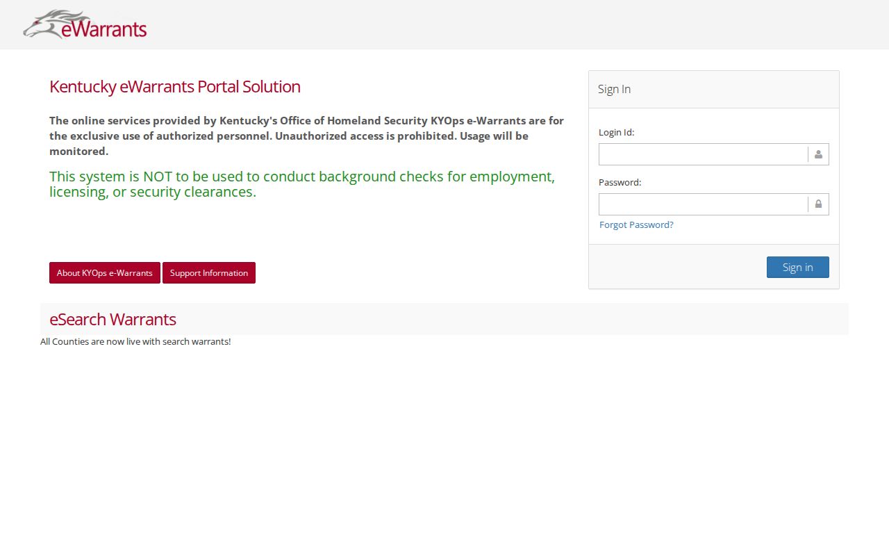 Kentucky eWarrants authorized-user login page